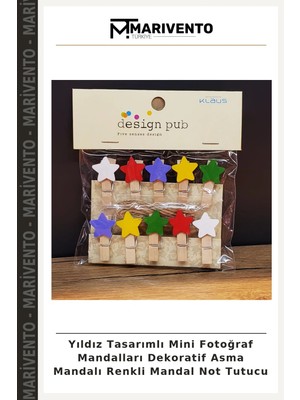 Yıldız Tasarımlı Mini Fotoğraf Mandalları Dekoratif Asma Mandalı Renkli Mandal Not Tutucu