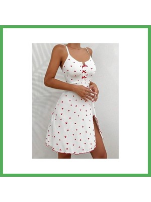 Astraltech Kadın Beyaz Kırmızı Kalp Desenli Askılı Elbise 5066 · Beden: L/xl · Renk: Beyaz Bezoss