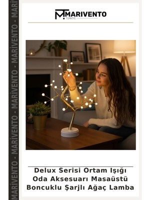 Delux Serisi Ortam Işığı Oda Aksesuarı Masaüstü Boncuklu Şarjlı Ağaç Lamba