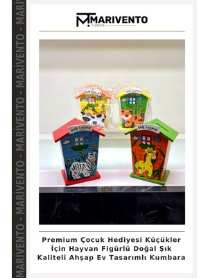 Premium Çocuk Hediyesi Küçükler Için Hayvan Figürlü Doğal Şık Kaliteli Ahşap Ev Tasarımlı Kumbara