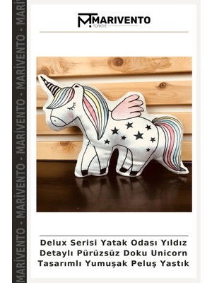 Delux Serisi Yatak Odası Yıldız Detaylı Pürüzsüz Doku Unicorn Tasarımlı Yumuşak Peluş Yastık