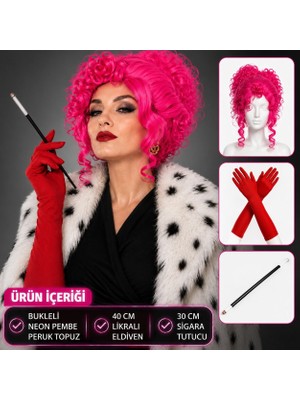 Kutlama Eşyası Kostüm Gereci Renkli Set Neon Bukleli Pembe Peruk Uzun Kumaş Kırmızı Eldiven