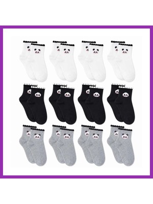 Salmore Kadın Panda Desenli Kısa Konç Çorap 12'li Paket, %80 Pamuklu Dikişsiz Burun, Nefes Alan Yumuşak Bilek Çorabı, Siyah Beyaz Gri · Beden: 36-40 · Renk: Çok Renkli 12 Li Bty