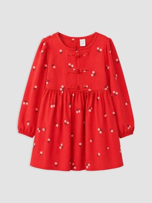 Lc Waikiki Yeni Sezon Kırmızı Çiçekli Kız Çocuk Gabardin Elbise