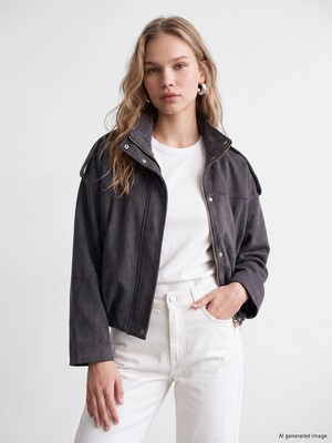 Lc Waikiki Yeni Sezon Antrasit Oversize Kadın Bomber Süet Görünnümlü Ceket