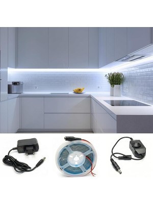 Happy Trend Metre Beyaz Şerit LED Çevirmeli Anahtar Tak Çalıştır Hazır Set Adaptör Dahil, Açma-Kapama, Parlaklık Ayarı Yapılabilir, Mutfak, Tezgah, Dolap Içi, Ayna, Tv Ünitesi Aydınlatma
