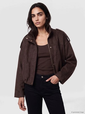 Lc Waikiki Yeni Sezon Kahverengi Oversize Kadın Bomber Süet Görünnümlü Ceket