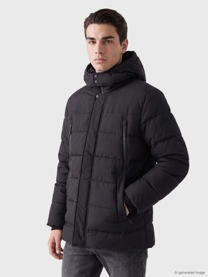 Lc Waikiki Yeni Sezon Siyah Regular Fit Kapüşonlu Erkek Şişme Mont