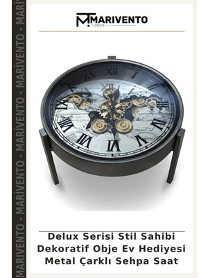 Delux Serisi Stil Sahibi Dekoratif Obje Ev Hediyesi Metal Çarklı Sehpa Saat