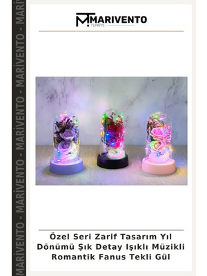 Özel Seri Zarif Tasarım Yıl Dönümü Şık Detay Işıklı Müzikli Romantik Fanus Tekli Gül