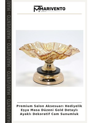 Premium Salon Aksesuarı Hediyelik Eşya Masa Düzeni Gold Detaylı Ayaklı Dekoratif Cam Sunumluk