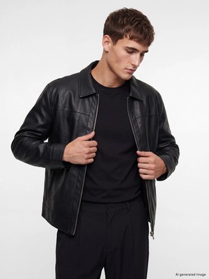 Lc Waikiki Yeni Sezon Siyah Regular Fit Erkek Deri Görünümlü Mont