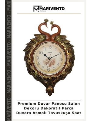 Premium Duvar Panosu Salon Dekoru Dekoratif Parça Duvara Asmalı Tavuskuşu Saat