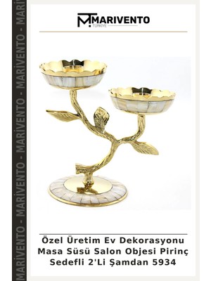 Özel Üretim Ev Dekorasyonu Masa Süsü Salon Objesi Pirinç Sedefli 2'li Şamdan 5934