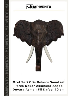 Özel Seri Ofis Dekoru Sanatsal Parça Dekor Aksesuar Ahşap Duvara Asmalı Fil Kafası 70 cm