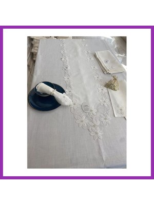 Salmore Sofra Takımı Evita Gardenya Keten Yemek Takımı 160X260 Masa Seti 26 Parça Runner Set Krem Bty