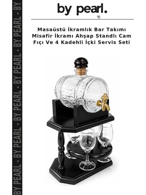 Masaüstü Ikramlık Bar Takımı Misafir Ikramı Ahşap Standlı Cam Fıçı ve 4 Kadehli Içki Servis Seti