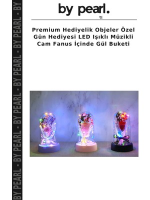 Premium Hediyelik Objeler Özel Gün Hediyesi LED Işıklı Müzikli Cam Fanus Içinde Gül Buketi