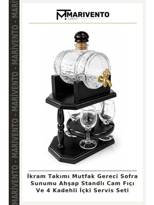 Ikram Takımı Mutfak Gereci Sofra Sunumu Ahşap Standlı Cam Fıçı ve 4 Kadehli Içki Servis Seti