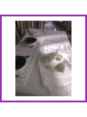Salmore Sofra Takımı Lina Gardenya Keten Yemek Takımı 160X260 Masa Seti 26 Parça Runner Set Krem Bty