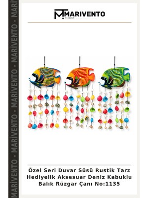 Özel Seri Duvar Süsü Rustik Tarz Hediyelik Aksesuar Deniz Kabuklu Balık Rüzgar Çanı NO:1135