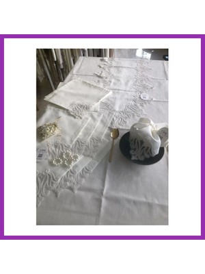 Salmore Sofra Takımı 155X220 cm Masa Seti Keten Dantelli Dekoratif Gülse Model Yemek Masası Örtüsü Krem Bty