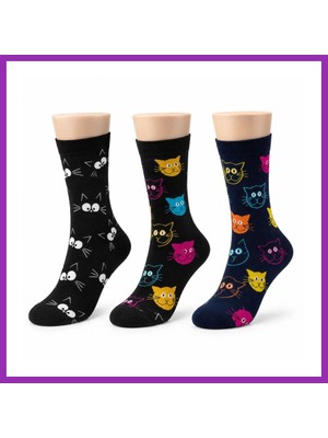 Salmore Unisex Kedi Desenli Çorap 3'lü Set Pamuklu Renkli Uzun Soket Dikişsiz Nefes Alan Rahat Günlük Çorap Bty