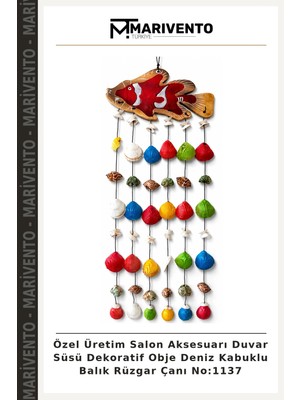 Özel Üretim Salon Aksesuarı Duvar Süsü Dekoratif Obje Deniz Kabuklu Balık Rüzgar Çanı NO:1137