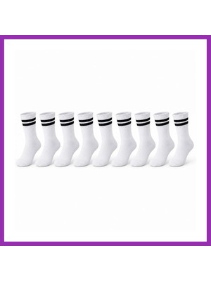 Salmore Unisex Beyaz Çorap Siyah Çizgili 9'lu Set Uzun Soket Günlük Spor Kolej Stil Kadın Erkek Çorabı Bty