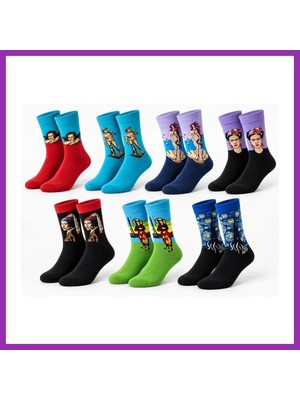 Salmore Unisex Çorap Sanat Temalı Renkli 7'li Set Portre Tablo Desenli Uzun Soket Günlük Eğlenceli Çorap Şık Bty