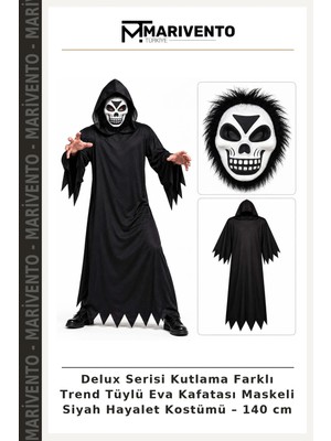 Delux Serisi Kutlama Farklı Trend Tüylü Eva Kafatası Maskeli Siyah Hayalet Kostümü – 140 cm