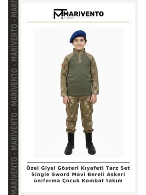 Özel Giysi Gösteri Kıyafeti Tarz Set Single Sword Mavi Bereli Askeri Üniforma Çocuk Kombat Takım