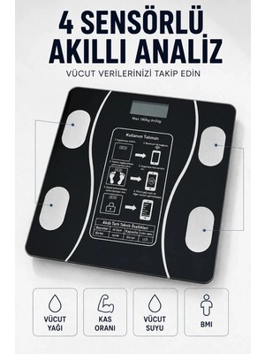 Yakup Tokatlı Moda Ytm Bluetooth Akıllı Tartı 180 kg Kapasiteli Vücut Yağ Kas Su Bmı Analizli Cam Baskül