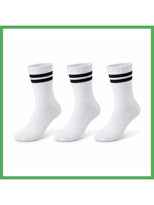 Astraltech Unisex Beyaz Çorap Siyah Çizgili 3'lü Set Uzun Soket Günlük Spor Kolej Stil Rahat Kadın Erkek Çorabı Bezoss