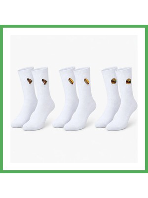 Astraltech Unisex Çorap Beyaz Nakışlı 3'lü Set Pizza Hotdog Hamburger Desenli Uzun Soket Günlük Spor Çorap Seti Bezoss