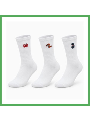 Astraltech Unisex Çorap Beyaz Hayvan Nakışlı 3'lü Set Yengeç Yılan Kedi Desenli Uzun Soket Günlük Spor Çorabı Bezoss