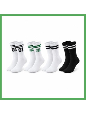 Astraltech Unisex Çorap Çizgili 4'lü Set 07 Good Vibes Yazılı Siyah Beyaz Uzun Soket Spor Kolej Stil Rahat Şık Bezoss