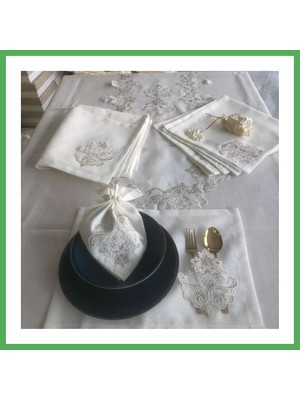 Astraltech Sofra Takımı Mimoza Gardenya Keten Yemek Takımı 160X220 Masa Seti 26 Parça Runner Set Kreme Gold Bezoss
