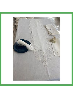 Astraltech Sofra Takımı Evita Gardenya Keten Yemek Takımı 160X260 Masa Seti 26 Parça Runner Set Krem Bezoss