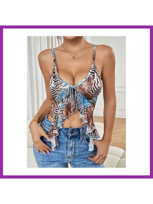 Bezos Kadın Siyah Leopar Desenli Crop Askılı Önden Bağlama Fırfır Detaylı 5091 · Beden: L/xl · Renk: Siyah BEZ10