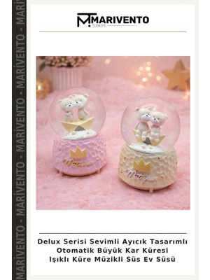 Delux Serisi Sevimli Ayıcık Tasarımlı Otomatik Büyük Kar Küresi Işıklı Küre Müzikli Süs Ev Süsü