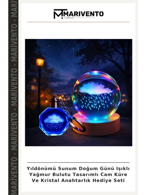 Yıldönümü Sunum Doğum Günü Işıklı Yağmur Bulutu Tasarımlı Cam Küre ve Kristal Anahtarlık Hediye Seti