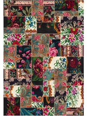 Defne Store TD762 Karabağ Patchwork Desenli Dokuma Saçaklı Kilim, Multi 80 x 150