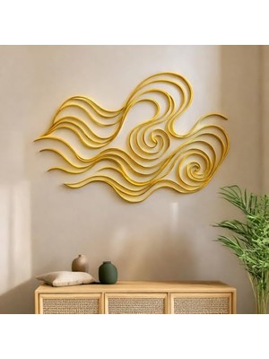 Defne Store Soyut Dalga Metal Duvar Süsü – Modern Minimalist Duvar Dekoru (Gold, 60X40)