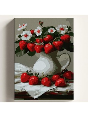 Defne Store Sayılarla Boyama Tuval Hobi Seti Çilek Vazosu Temalı Fırça ve Boya Dahil Set (Çıtalı) 40X50 cm Kendin Yap Sayılarla Tuval Boya Kiti (Kasnaklı)