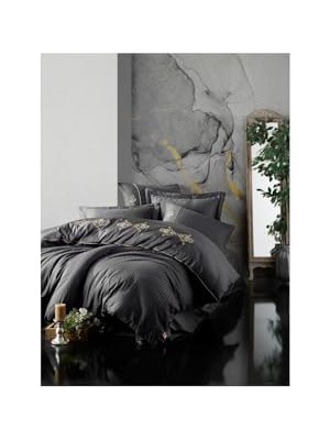 Defne Store 944545465 Çift Kişilik Nevresim Takımı King Antrasit- Brode Saten, 200 x 220 Antrasit