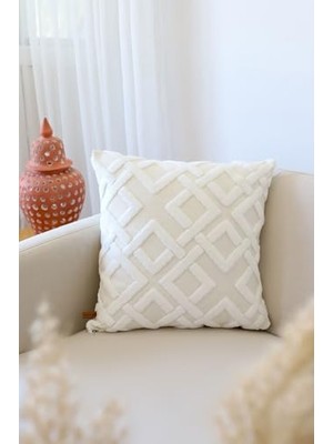 Defne Store Kırlent Kılıfı, Bohem Özel Tasarım Punch Panç Desen Kare Dekoratif 43X43 cm Mila Ekru