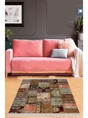 Defne Store Pelangi Patchwork Kırkyama Desenli Dijital Baskı Yıkanabilir Kaymaz Taban Etnik Salon Halısı, Kahverengi 120 x 120
