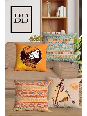 Defne Store Yastık Kılıfı, Modern Tasarım Çift Tarafı Baskılı Kare 4'lü Dijital Baskılı Seti, Kırlent Kılıfı Seti (Africano)