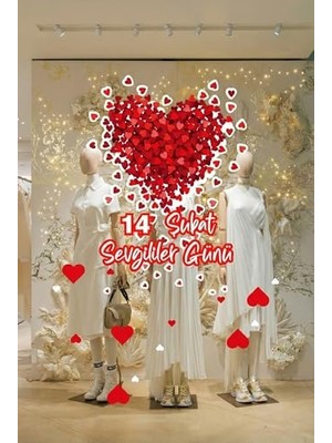 Defne Store Etrafa Saçılmış Kalpler 14 Şubat Sevgililer Günü Cam Vitrin Sticker, Sevgililer Günü Mağaza Vitrin Dekorasyonu, Kalp Desenli Dekoratif Duvar Çıkartması
